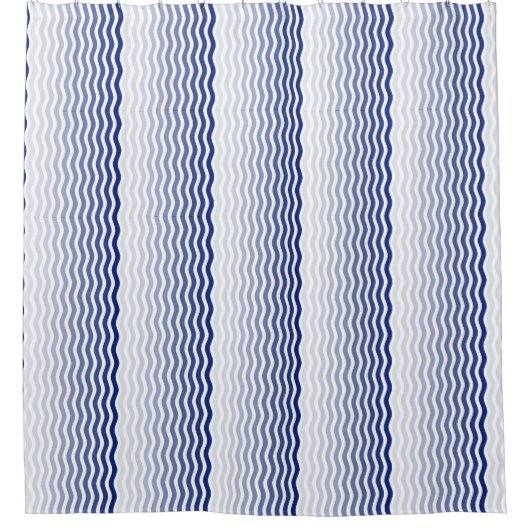 'Waterfall'青と白の縦の波線 シャワーカーテン (正面)