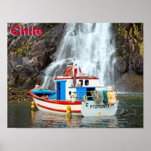 Waterfall & Boat, Chile ポスター