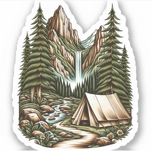Waterfall Campsite Vinyl Sticker | Die-Cut-Sticker シール (正面)