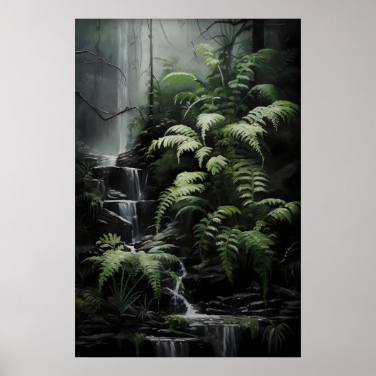 Waterfall Fern Forest Print, Dark Academia Gothic ポスター (正面)