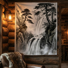 Waterfall Tapestry | Black & White Mountain Art タペストリー
