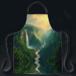 Waterfall Valley Apron エプロン<br><div class="desc">This apron features a breathtaking scenic design of a lush green valley framed by forested cliffs. A majestic waterfall cascades into a winding river, while golden light from sunrise or sunset illuminates the sky, creating a serene and picturesque atmosphere. The artwork blends natural beauty with artistic detail, making this apron...</div>
