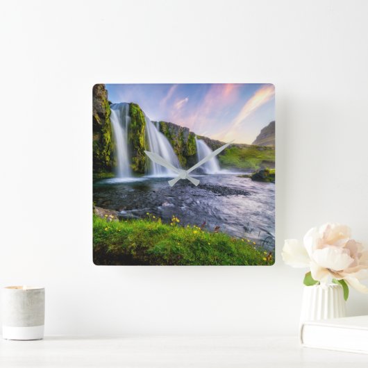 Waterfalls | Kirkjufellsfoss, Iceland スクエア壁時計 (ホーム)