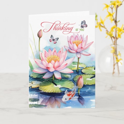 Waterlily Garden with Koi Fish Thinking of You カード (黄色い花)