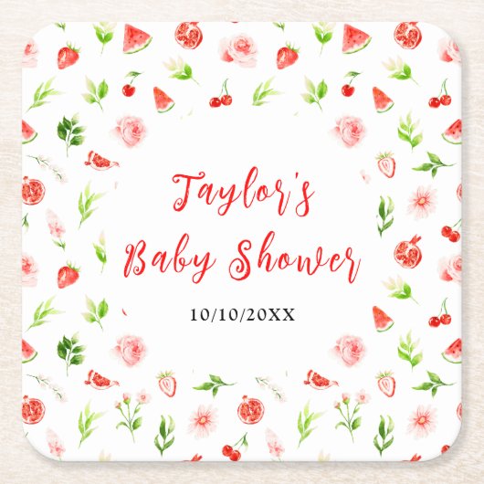 Watermelon and Pomegranate Baby Shower スクエアペーパーコースター (正面)