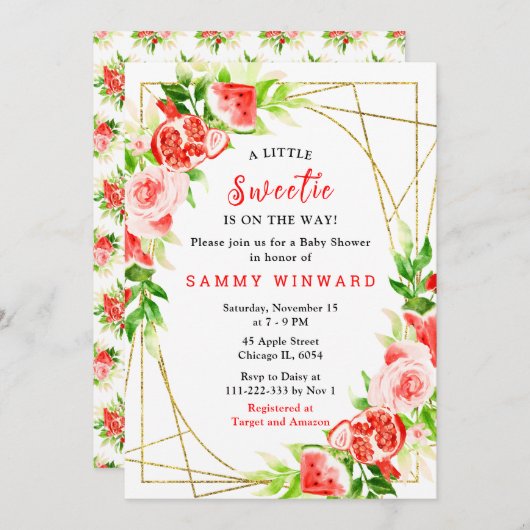 Watermelon and Pomegranate Baby Shower 招待状 (正面/裏面)