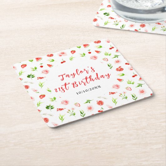 Watermelon and Pomegranate Birthday スクエアペーパーコースター (アングル)