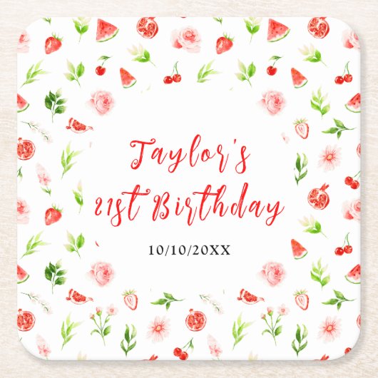 Watermelon and Pomegranate Birthday スクエアペーパーコースター (正面)