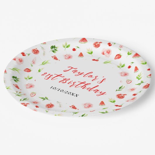 Watermelon and Pomegranate Birthday ペーパープレート (アングル)