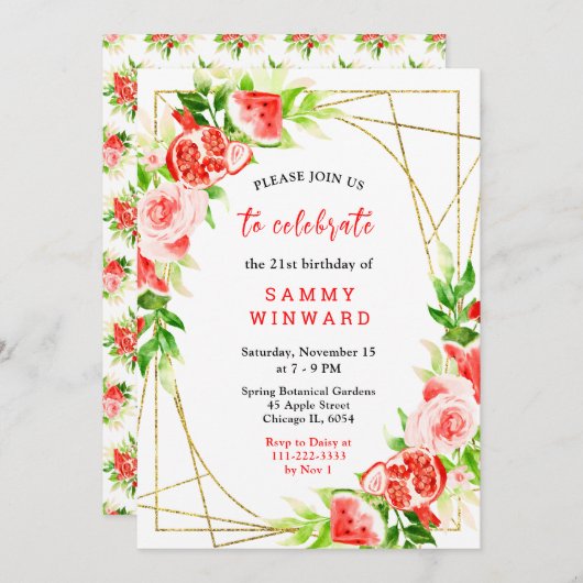 Watermelon and Pomegranate Birthday 招待状 (正面/裏面)