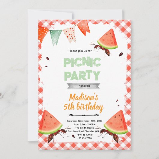 Watermelon ant picnic party invitation 招待状 (正面)