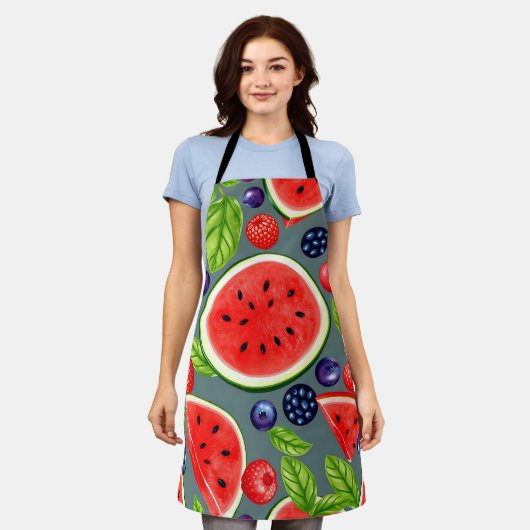 Watermelon Berry Summer Pattern エプロン (着用した状態)