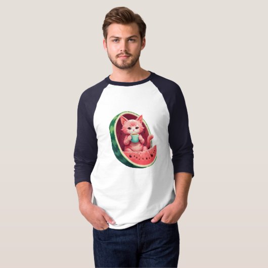 Watermelon Cat Coffee Break Tシャツ (正面フル)