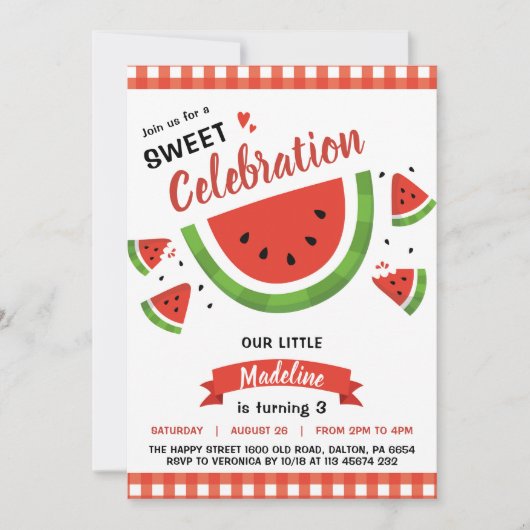 Watermelon Invitation for Birthday Party Fruit 招待状 (正面)