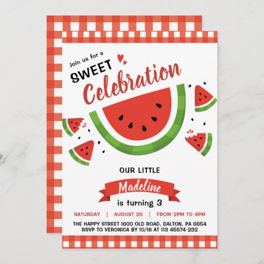 Watermelon Invitation for Birthday Party Fruit 招待状 (正面/裏面)