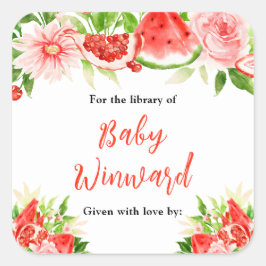 Watermelon Pomegranate Baby Shower Bookplate スクエアシール
