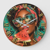 Watermelon Pop Luxury Fashion Tropical Woman ラージ壁時計 (正面)