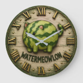 Watermeowlon Funny Cat Watermelon Cute Pun Cat Art ラージ壁時計 (正面)