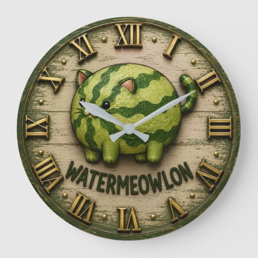 Watermeowlon Funny Cat Watermelon Cute Pun Cat Art ラージ壁時計 (正面)