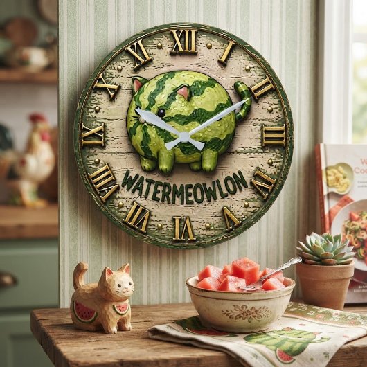 Watermeowlon Funny Cat Watermelon Cute Pun Cat Art ラージ壁時計