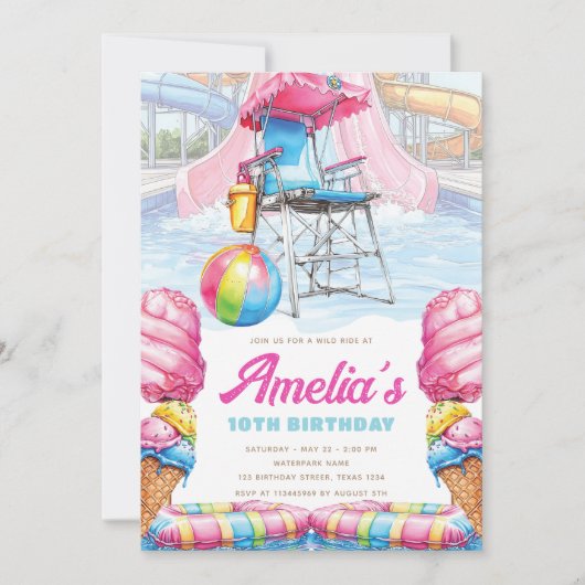 Waterpark Birthday Lifeguard Chair & Pool Fun 招待状 (正面)
