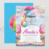 Waterpark Birthday Lifeguard Chair & Pool Fun 招待状 (正面/裏面)