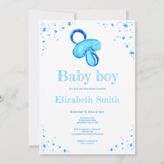 Waterverf blauw pacifier babydouche 招待状 (正面)