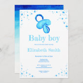 Waterverf blauw pacifier babydouche 招待状 (正面/裏面)