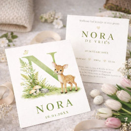 Waterverf Hert Monogram N Geboortekaartje   カード