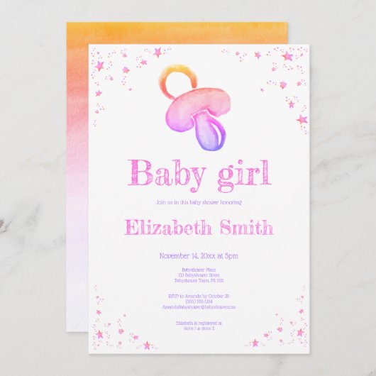 Waterverf roze pacifier babyshower 招待状 (正面/裏面)
