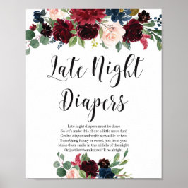 Watrcolor burgundy navyネイビーフローラ深夜おむつ ポスター