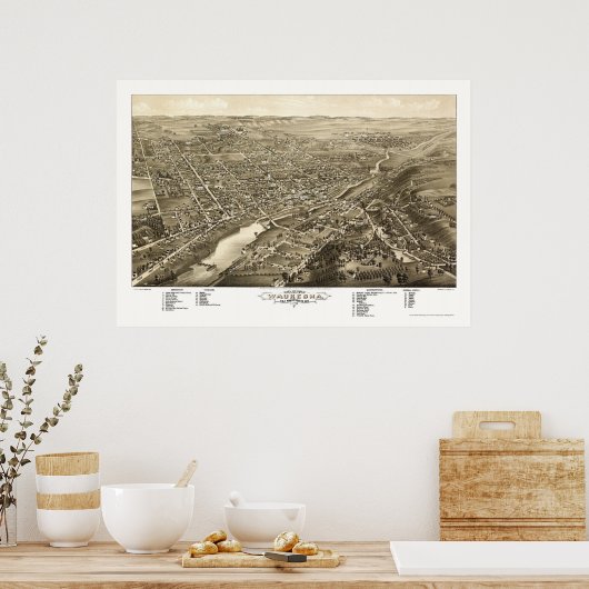 Waukesha, WI Panoramic Map - 1880 ポスター (キッチン)