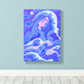 Wave、Mermaid、ファンタジーアートアジアの女の子、ブルー&ピンク キャンバスプリント (インサイチュ (ウッドフロア))
