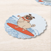 Wave riding happy pug dog on surfboard  ペーパーコースター (アングル)