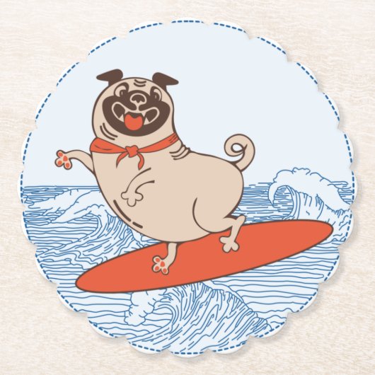 Wave riding happy pug dog on surfboard  ペーパーコースター (正面)