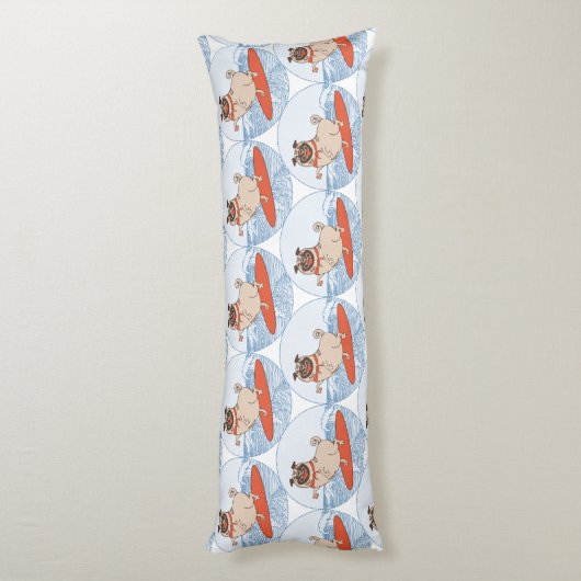 Wave riding happy pug dog on surfboard ボディピロー (裏面 (縦))