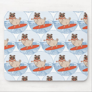 Wave riding happy pug dog on surfboard  マウスパッド