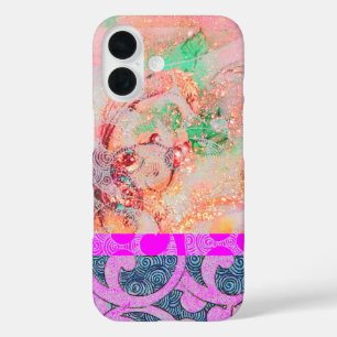 WAVES / Bright Pink Purple Swirls in金ゴールド iPhone 16ケース