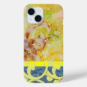 WAVES / Bright Yellow Blue Swirls in金ゴールドきらめき iPhone 15ケース