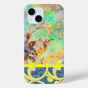 WAVES / Bright Yellow Blue Swirls in金ゴールドきらめき iPhone 15ケース