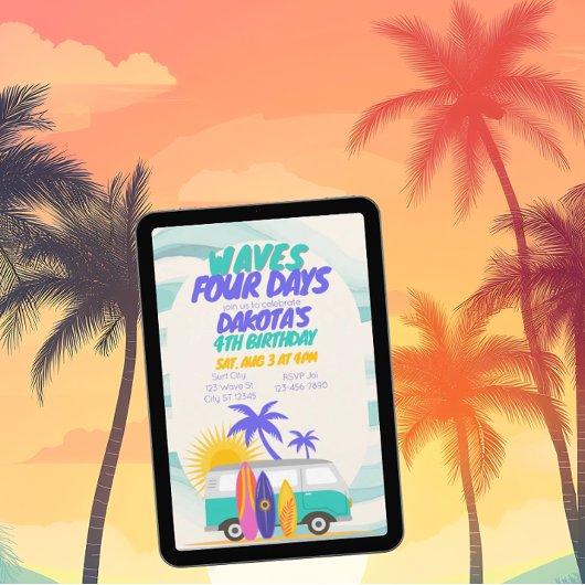 Waves Four Days Surf Van 4th Birthday 招待状