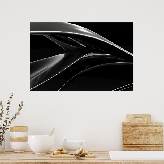 Waves in Chrome抽象芸術白黒の写真 ポスター (キッチン)