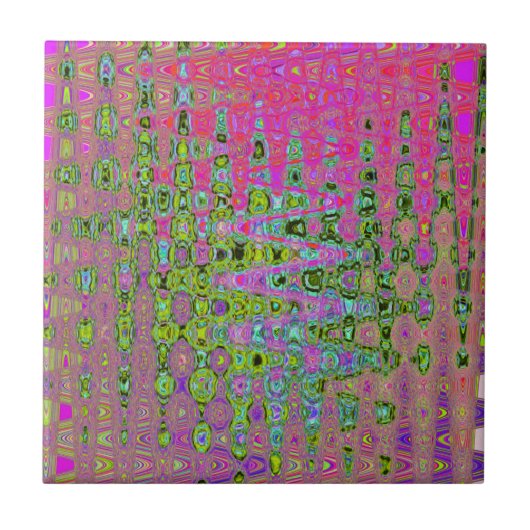 Wavy Abstract Green and Red Retro Mosaic Zigzags タイル (正面)