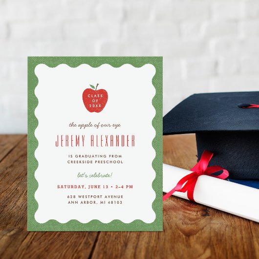Wavy Apple Preschool Graduation Party Invitation 招待状