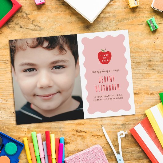 Wavy Apple Preschool Photo Graduation Announcement セーブザデート