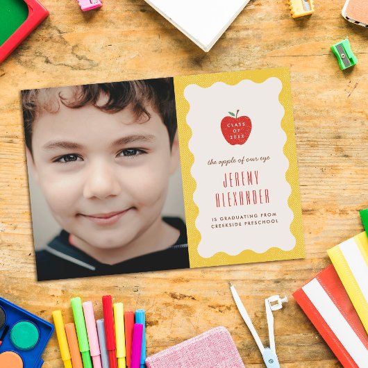 Wavy Apple Preschool Photo Graduation Announcement セーブザデート