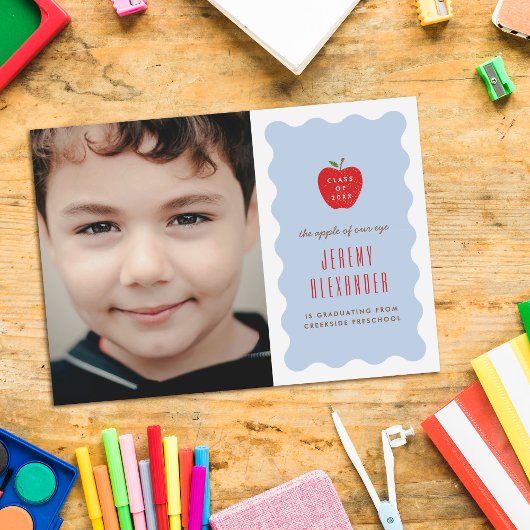 Wavy Apple Preschool Photo Graduation Announcement セーブザデート
