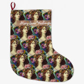 Wavy brown hair young lady flowers Believer custom ラージクリスマスストッキング (正面)