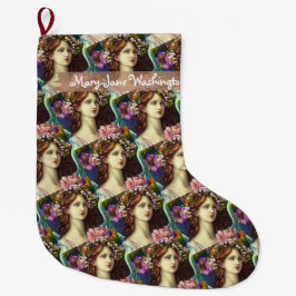 Wavy brown hair young lady flowers Believer custom ラージクリスマスストッキング