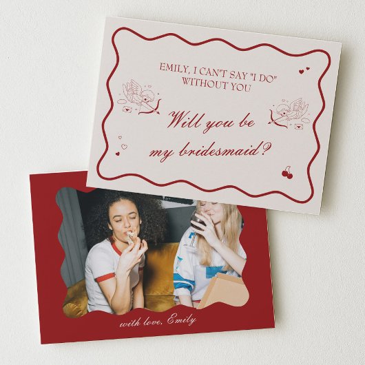 Wavy Deep Red Old Money Bridesmaid Proposal Card 招待状